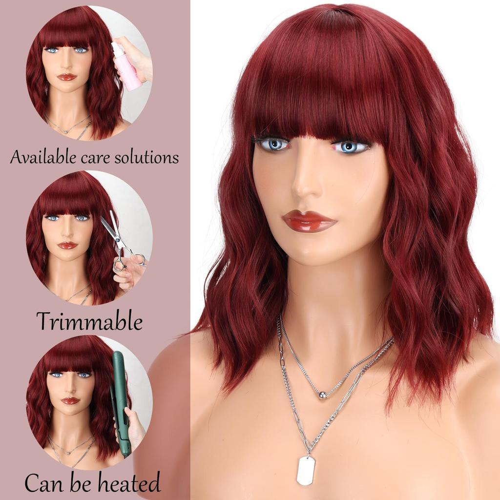 LISI HAIR Burgundy Short Wavy Synthetic Heat Resistant Fiber Wigs with Bangs Black Brown Pink Bob Hair Wigs for Cosplay