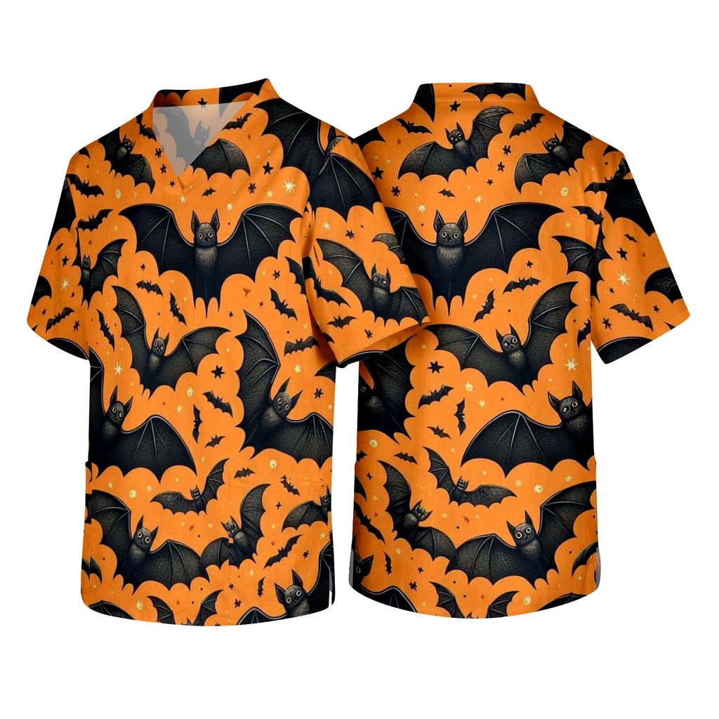 Men's Short Sleeve V Neck Halloween Print Medical Scrub Top with Chest Pocket Suitable for Healthcare Professionals and Caregivers