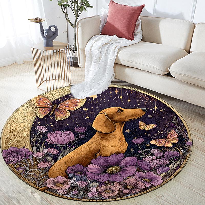 Dachshund Butterflies Round Area Rug,Carpet Rug for Living Room Bedroom Sofa Playroom Decor,Non-slip Floor Mat