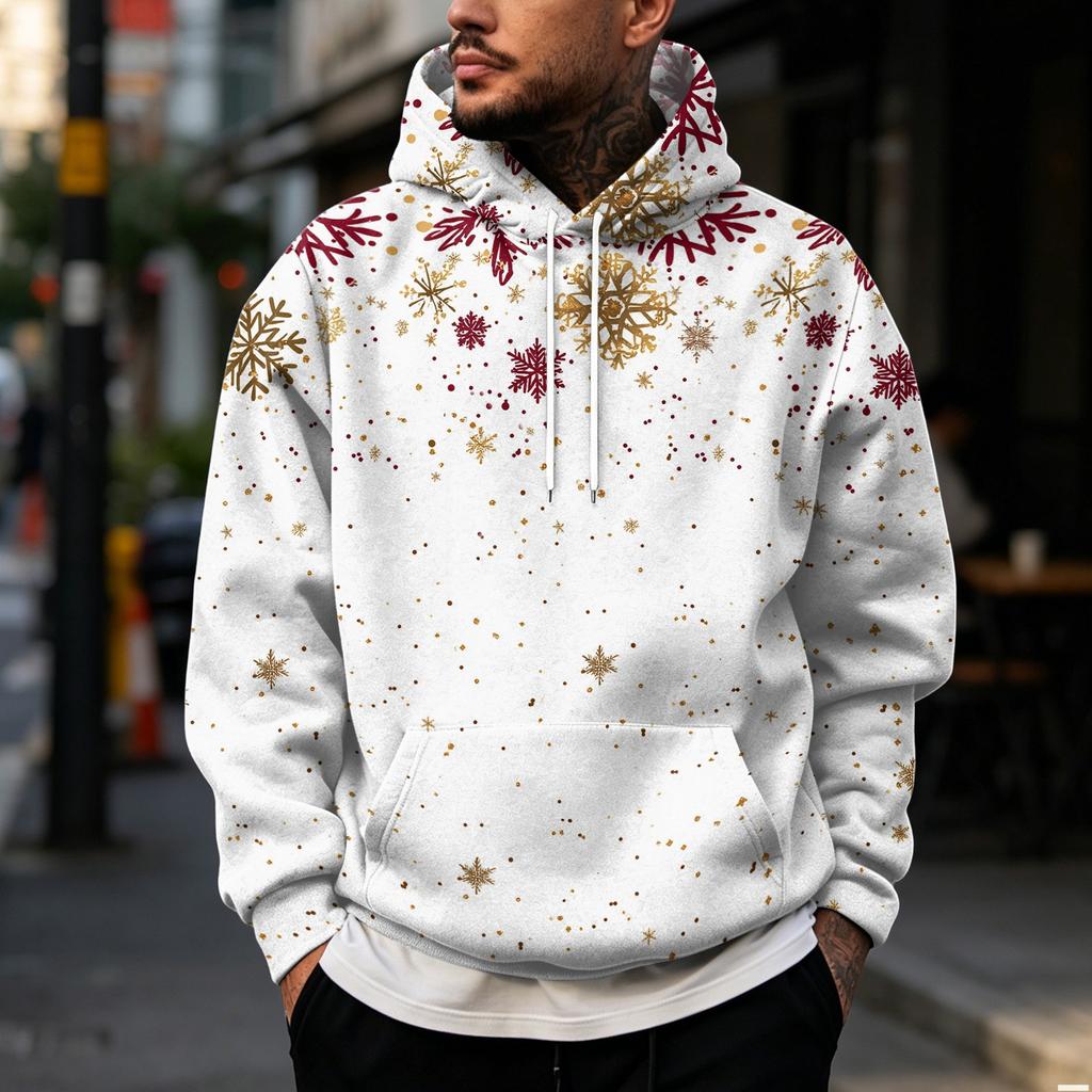 Men's Christmas Print Hoodie with Large Pockets, Casual Loose Fit Pullover for Holiday