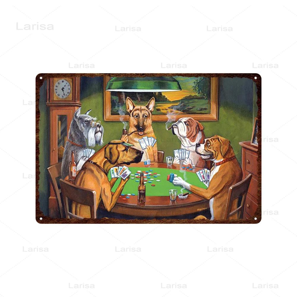 Dogs Playing Poker Game Metal Plaque Animals Playing Billiards Tin Sign Garage Club Wall Pub Tin Sign Vintage Metal Posters