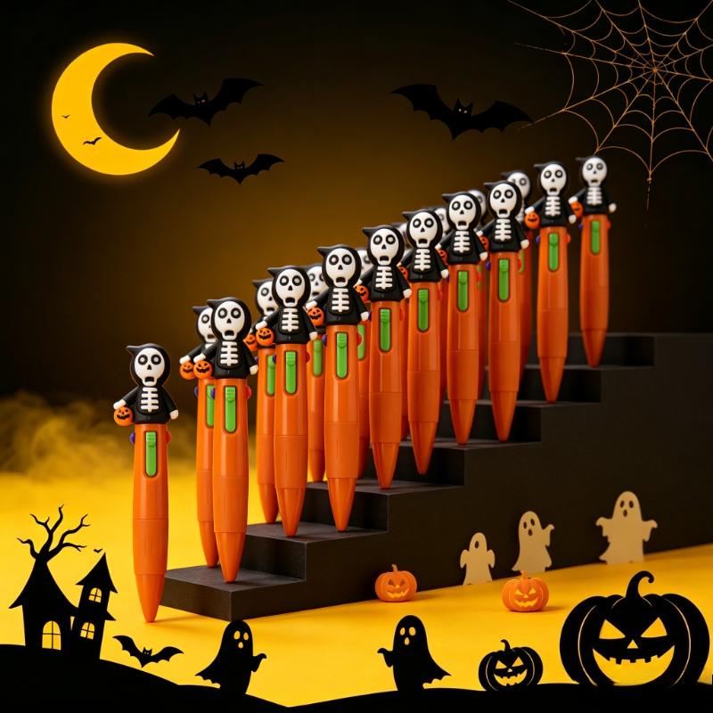23 Pcs Halloween Four-Color Retractable Ballpoint Pens, 3D Skeleton With Pumpkin Candy Bucket Topper,Cartoon Student Stationery, Halloween Gifts
