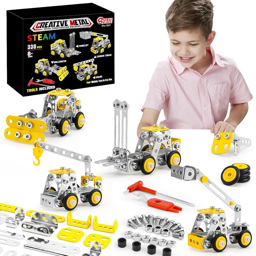 Building Blocks Toys Metal Engineering Vehicles Model Kit Block Toys 4 Models Construction Vehicles Building Sets for Kids