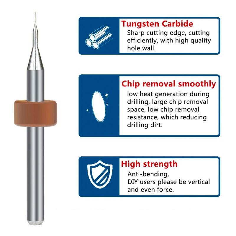 Sada vrtáků na PCB 0,5 mm-0,9 mm Karbidové mikro vrtáky Stopka 1/8'' Nástroj pro vrtání děr pro CNC gravírování PCB obvodových desek