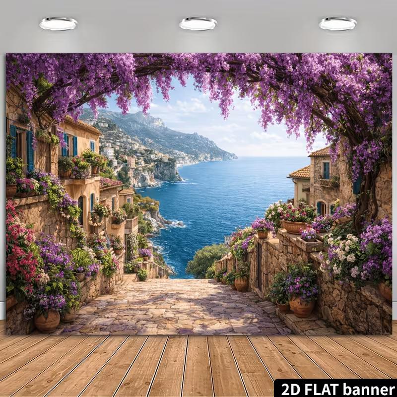 2D Mediterranean Coastal Town Backdrop, Wisteria Arch Banner 47.2x31.5inch/120*80cm