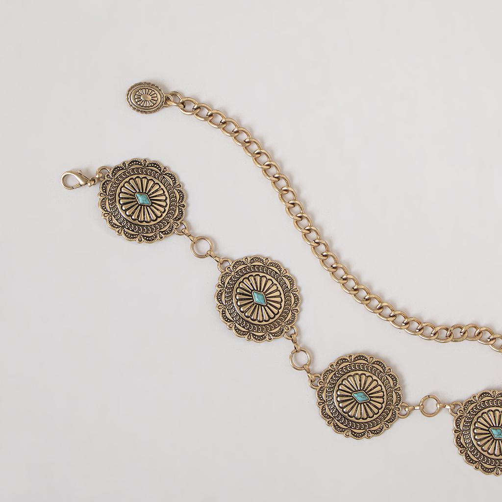 Women's Western Style Carving Heavy Industry Turquoise Round Exquisite Heavy Metal Fashionable Waist Chain