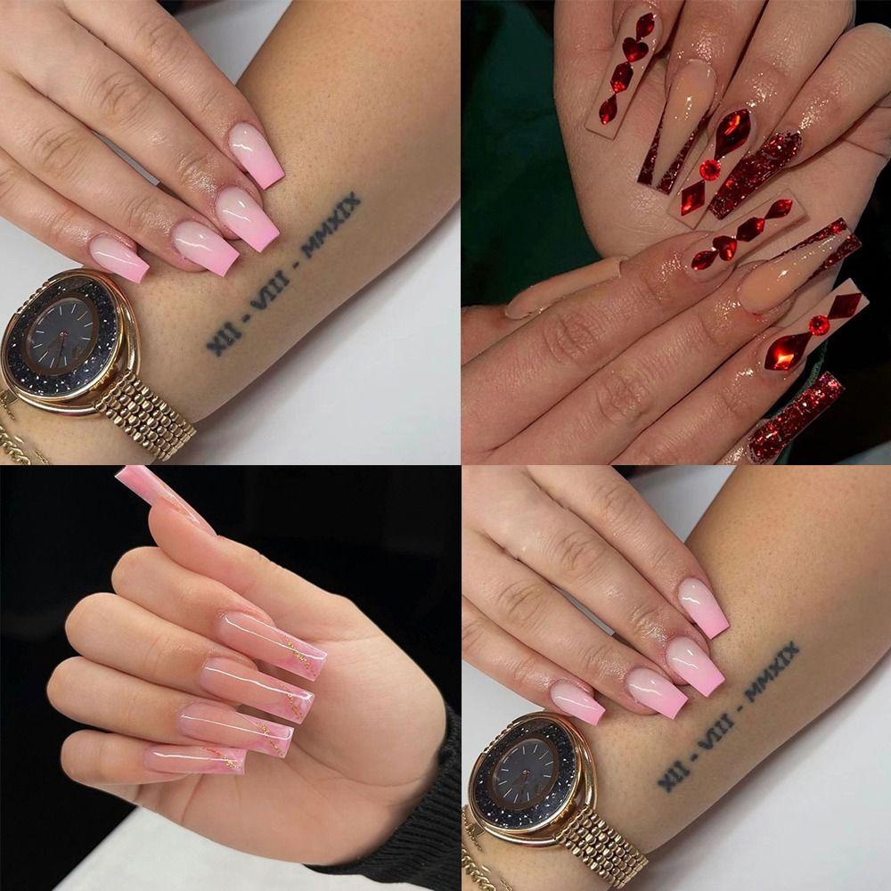 24pcs Detachable Full Cover Press On Nails DIY Long French Fake Nails Ballerina Red Crystal