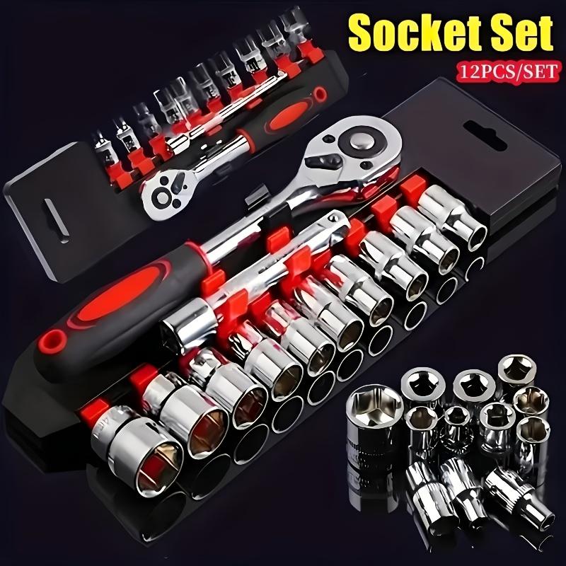 White/Red/Black 12pcs Socket Wrench Set - Durable, 1/4-Inch Drive, Extended Handle, Non-Electric, Suitable for Automotive Repair and Industrial Use