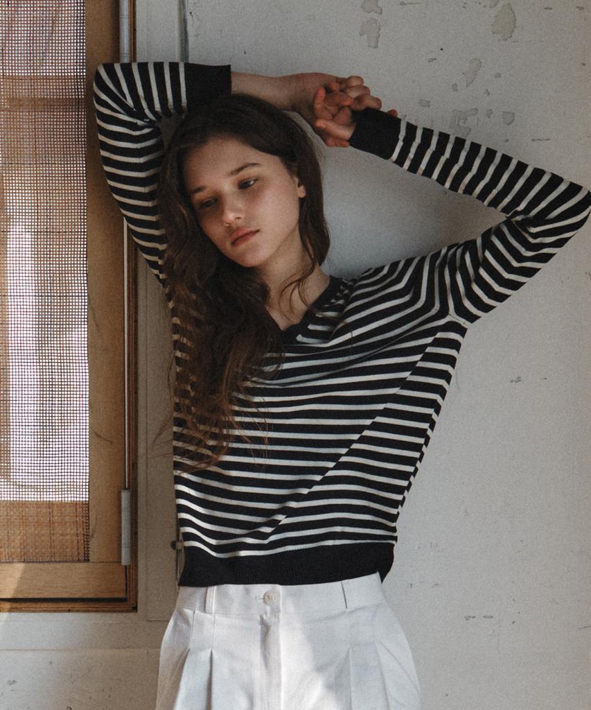 Wednesday Oasis For Woman Washable Mild Stripe V-Neck Knit_Navy(Wc26Kn11)