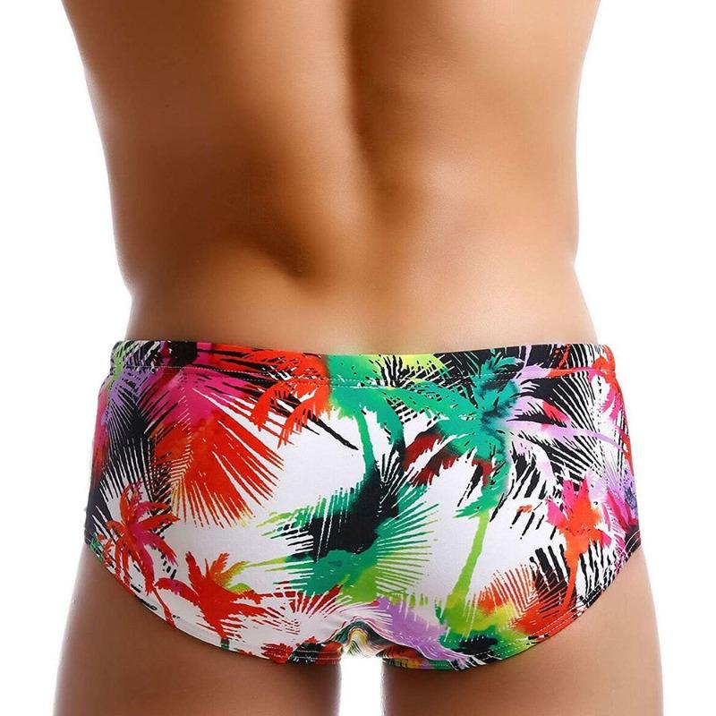 Herren tropische Kokospalme Farbe Tinte gedruckte kleine flache gewinkelte Badehose eng anliegend Mode Nylon Strand Vier-Ecken