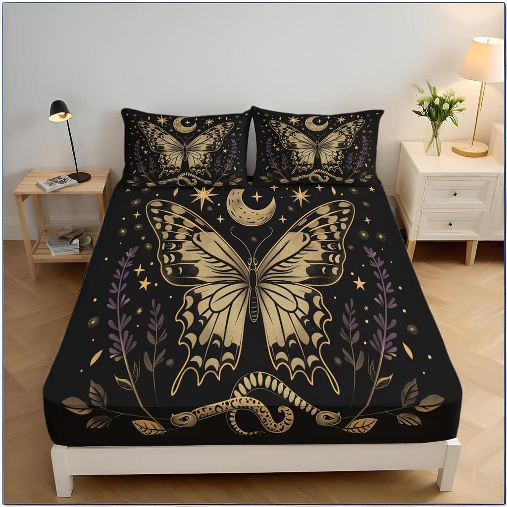 3D Butterfly Single Fitted Sheet Blue Printed Bed Sheets 30 cm Deep Fitted Sheets Soft Microfiber Bedding Set with Pillowcase