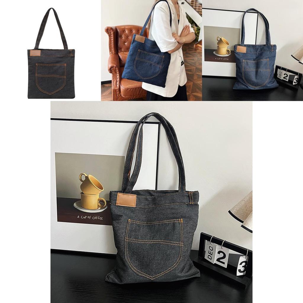 Denim Shoulder Bag Large Capacity Shopping Tote With Zipper For Daily Use