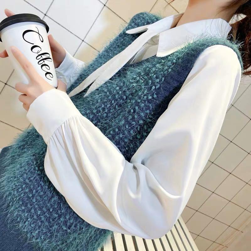 Spring and Autumn Loose Sleeveless Sweater Solid Color Knitted Vest Women's V-neck Bright Silk Fleece Top