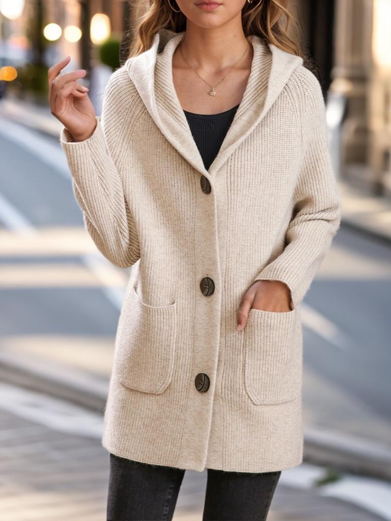 Women's Mid-Length Hooded Knit Cardigan - 2024 Autumn/Winter Casual Solid Thick Sweater Coat