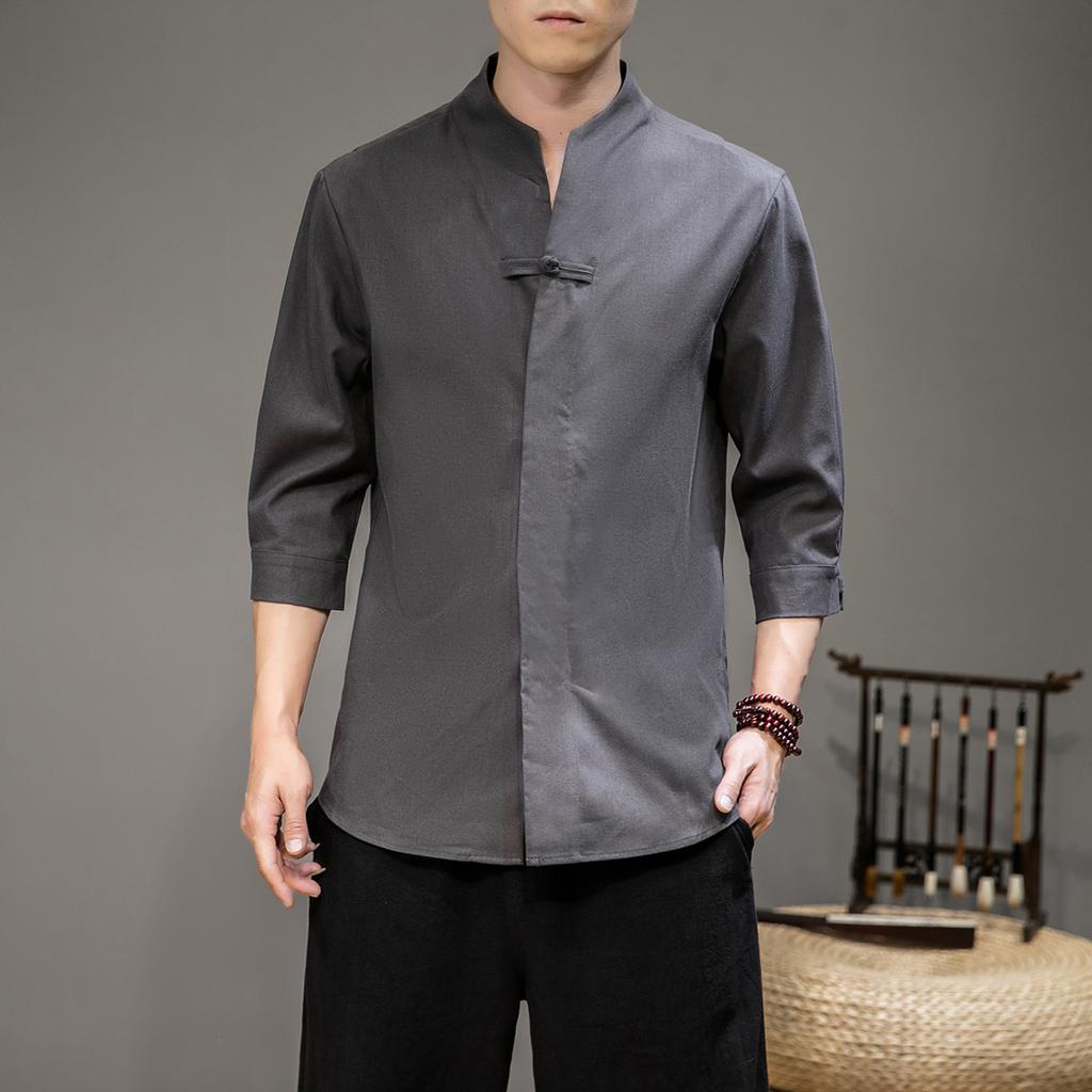 Mens Fashion V-Neck Shirt 2025 Men Harajuku Soild Color Shirts Male Casual Loose Retro Shirt Chinese Style Kimono Shirt