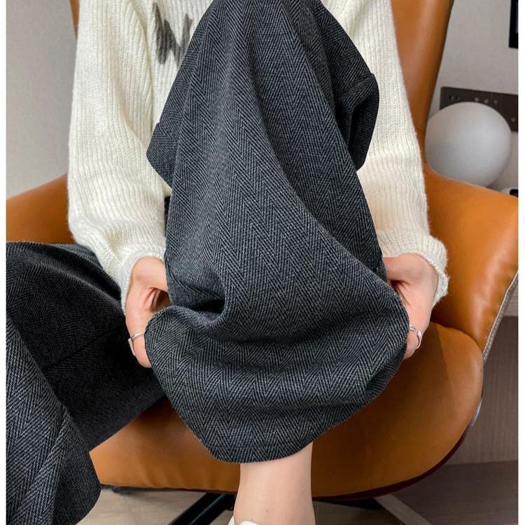 2025 Autumn/Winter High-Waisted Herringbone Wool Blend Wide-Leg Pants