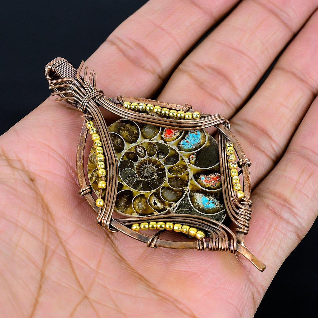 Ammonite Fossil 999 Copper Wire Wrapped Pendant, Handmade Gemstone Jewelry Pendant For Memorial Day
