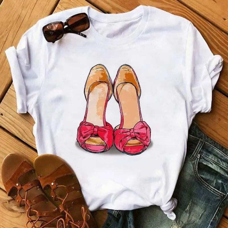 Maycaur Pinke High Heels Blumen Taschendruck T-Shirt Damen Trendy Hipster Harajuk Kawaii Kurzarm Oberteile T-Shirt Femme Kleidung Unisex