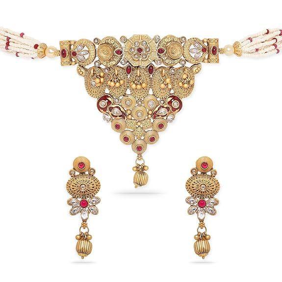 Gold-Plated Handcrafted Artificial Kundan Jewelry Choker Set with White Stone Matching Earrings For Women and Girls