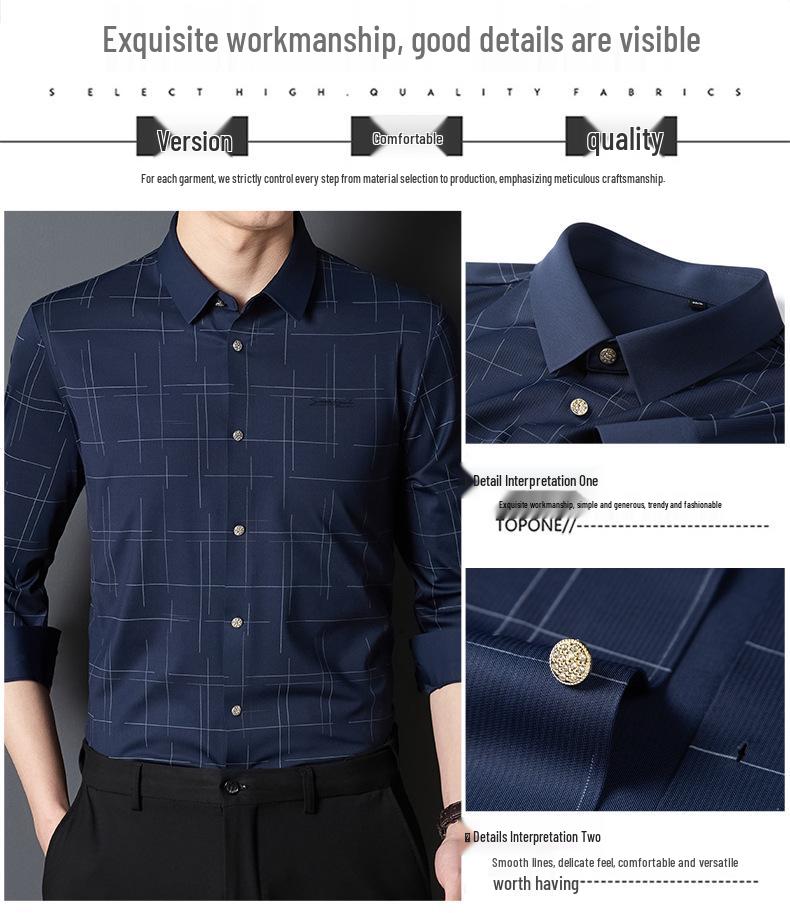 2023 Men's Long Sleeve Stretch Plaid Shirt - Wrinkle-Resistant, Non-Iron, Business Casual Striped Design