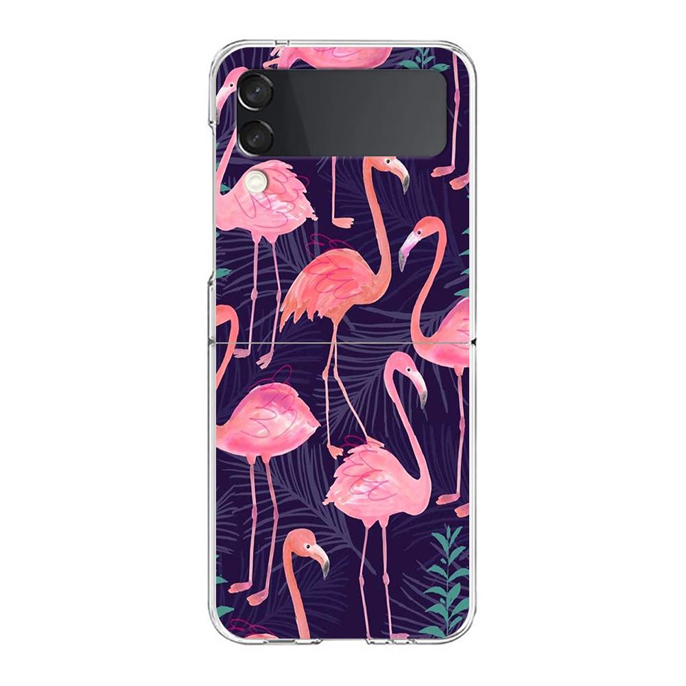 Phone Case For Samsung Galaxy Z Flip 3 4 5 Hard Folding Clear PC Bumper Lovely Pink Flamingos Leaf For Samsung Z Flip 6 Cover
