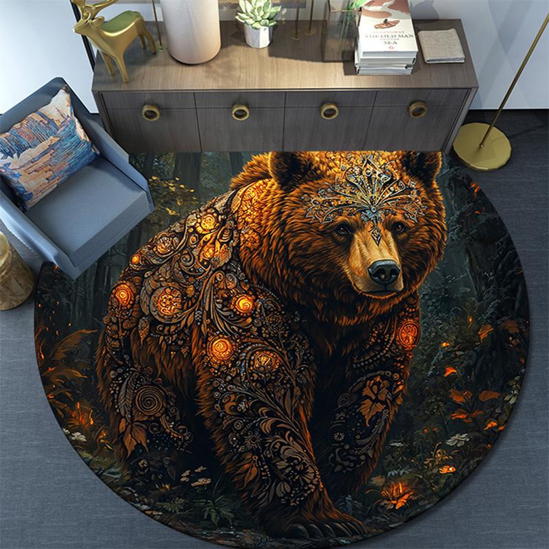 Golden Bear Round Area Rug,Carpet Rug for Living Room Bedroom Sofa Playroom Decor,Non-slip Floor Mat