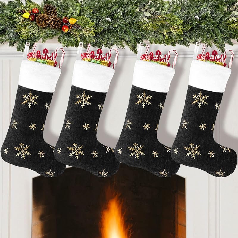 2PCS Plush Christmas Stockings White Faux Fur Large 56cm Deluxe Hanging Xmas Stockings with Silver Sequin Snowflake for Christmas Fireplace
