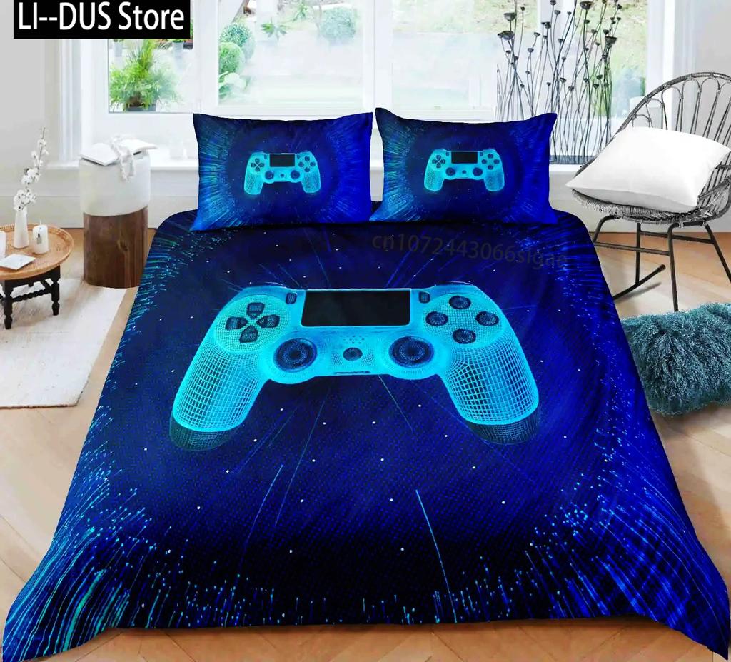 Set de lenjerie de pat pentru gamer pentru dormitor, moale, modern, cu gamepad, cuverturi confortabile pentru copii, husă de plapumă, husă de pilotă cu jocuri video și față de pernă