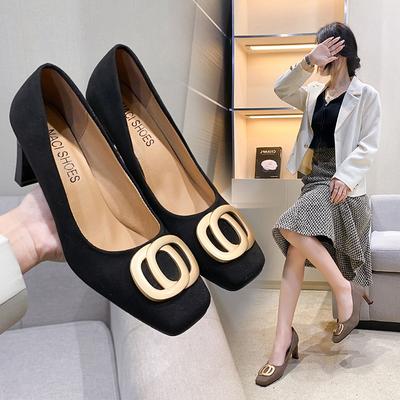 Square Head Single Shoes Women's 2024 Four Seasons New Stiletto High Heels Simple Shallow Mouth Gold Buckle Decorative Shoes Microfiber Fashion Wom
