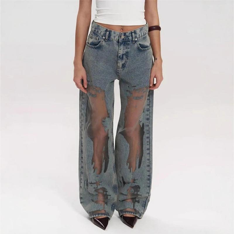 Damen Y2k Amerikanischer Stil Ausgeschnitten Patchwork Locker Gerade Jeans Lang Hosen