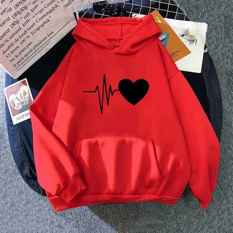 Woman Hooded Sweatshirt Casual Fashion Heart Print Hoodies Ladies Home Outdoor Comfort Warm Pullover Daily Sport Loose Hoody Top