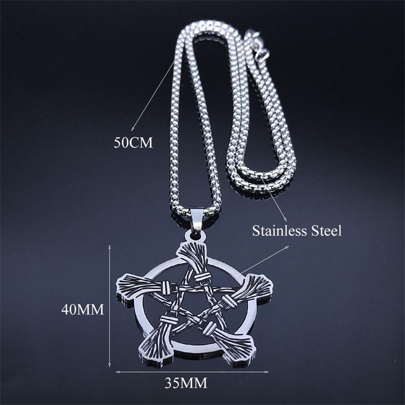 Witchcraft Pentagram Witch Broom Necklace for Women/Men Stainless Steel Wicca Star Necklaces Jewelry Corrente Masculina N3379S02