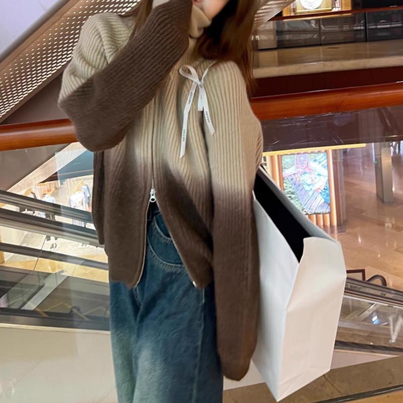 Gradual change of color Soft waxy knitted zipper shirt 2025 autumn new sweater jacket women's long-sleeved niche design cardigan