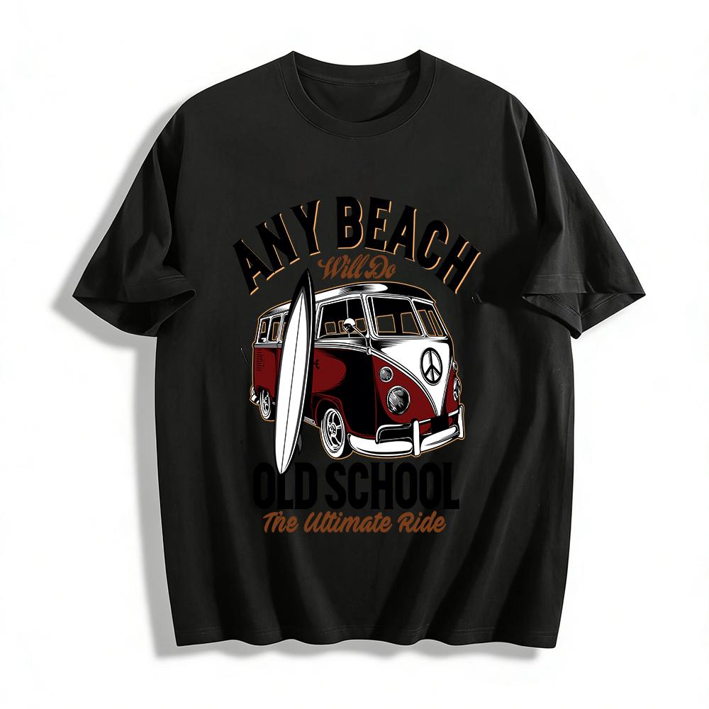 

Old School Surf Bus Print Tee Any Beach Will Do Casual Top Pure cotton T-shirt XXS
