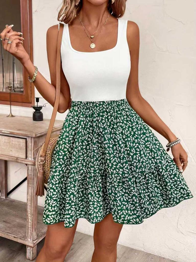 Elegant Square Neck Sleeveless Printed Summer Dress for Women