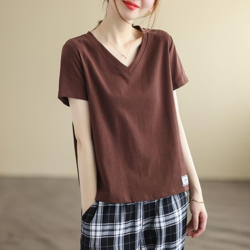 New Summer Short-sleeved T-shirt for Women Loose V-neck Casual Patch Base Shirt Top Literary and Comfortable Feeling Loose