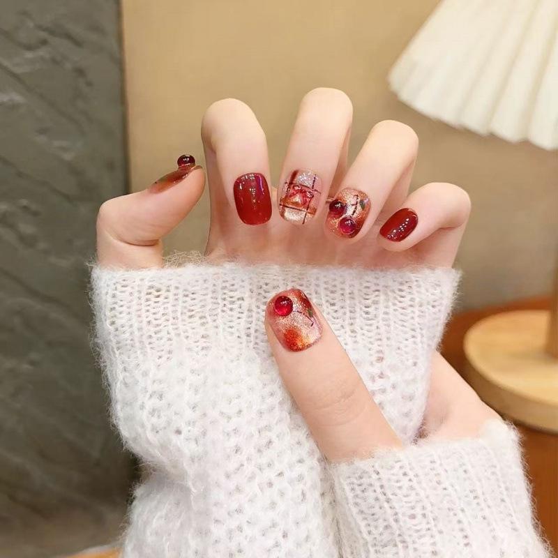 Red Cherry Cat Eye Short Nail Art Stickers - Handmade Wearable Nails 2025