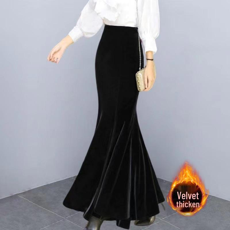 Women's High-Waist Gold Velvet Fishtail Midi Skirt – Plush, Thickened for Autumn/Winter