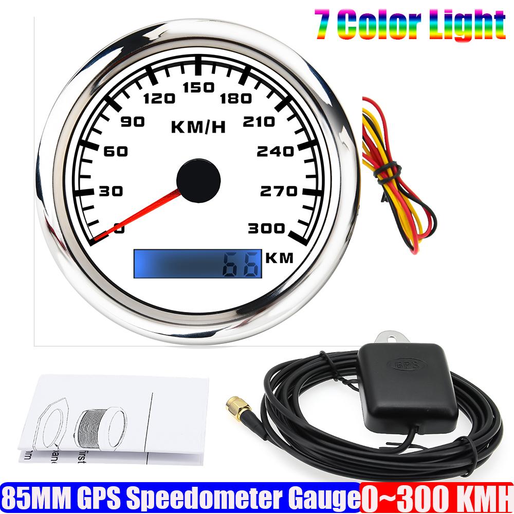 Auto KFZ Marine Boot 85mm GPS Tachometer Anzeige mit GPS Antenne 7 Farben Hintergrundbeleuchtung Geschwindigkeitsmesser 30KMH,60KMH,120KMH,200KMH,300KMH