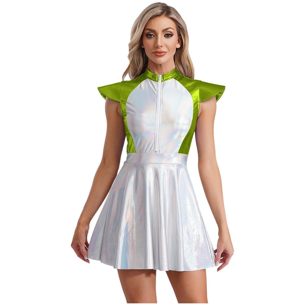 Outer Space Alien Costume for Women S-4XL - Shiny Glitter A-line Dress with Cap Sleeves Halloween Cosplay Outfit