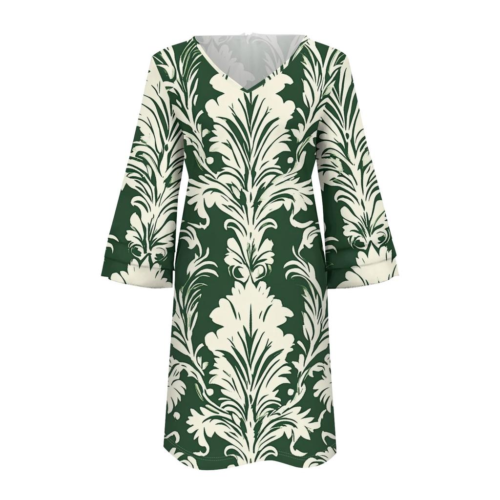 Women's Casual Fashion Floral Print V-Neck Loose 3/4 Sleeve Dress