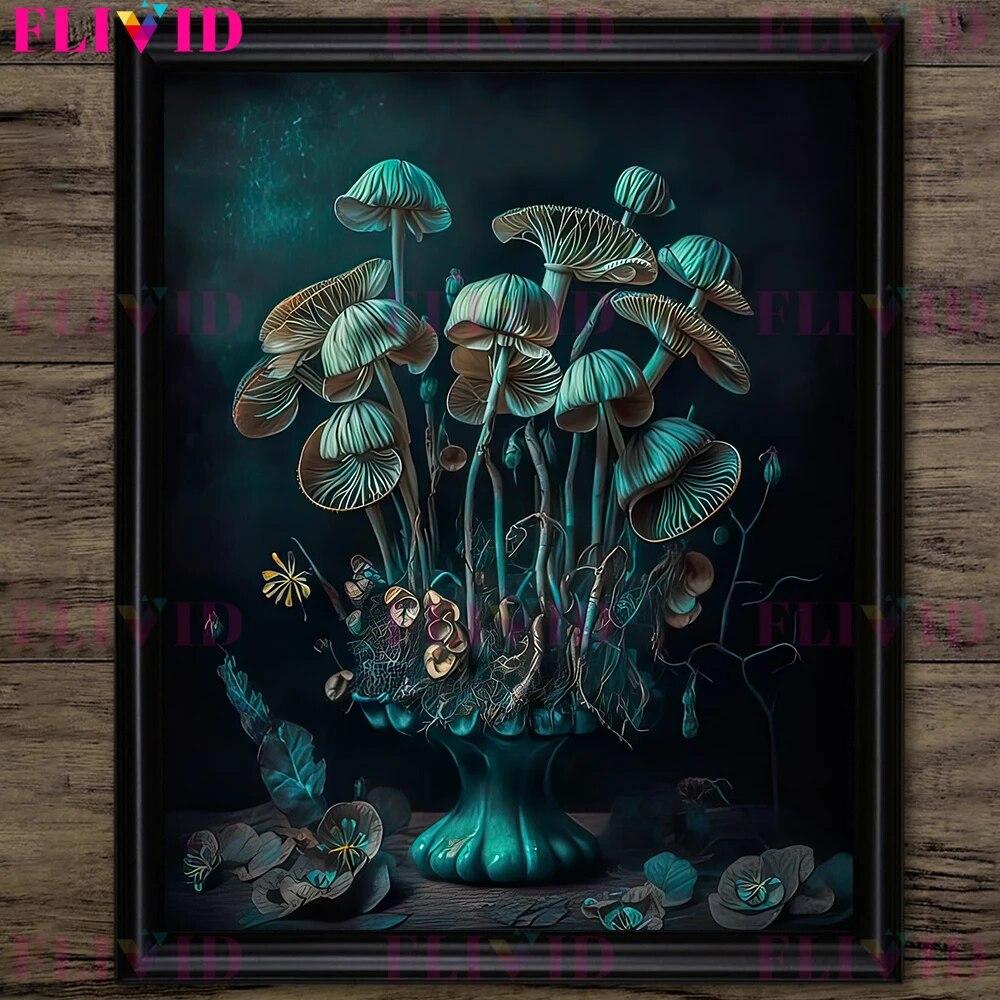 Dark Forest Mushroom And Vintage Pink Roses Vintage Wall Art Print Dark Botanical Witchcraft Gothic Art Poster Print Decoration No Frame