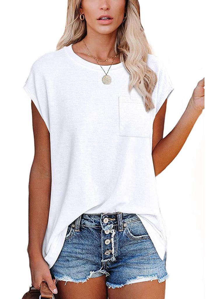Europäisches & Amerikanisches Damen Einfarbiges Rundhals T-Shirt mit Tasche, Schulterschlitz und Kurzen Ärmeln