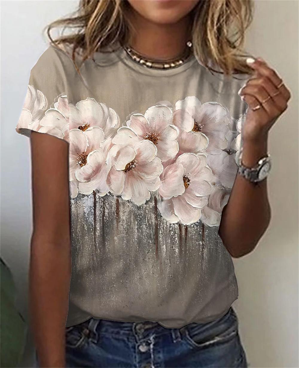 

Жіноча футболка Літня мода Топи з короткими рукавами Повсякденна футболка з 3D квітковим принтом і круглим вирізом для жіночого одягу Y2k Футболки великих розмірів XXS