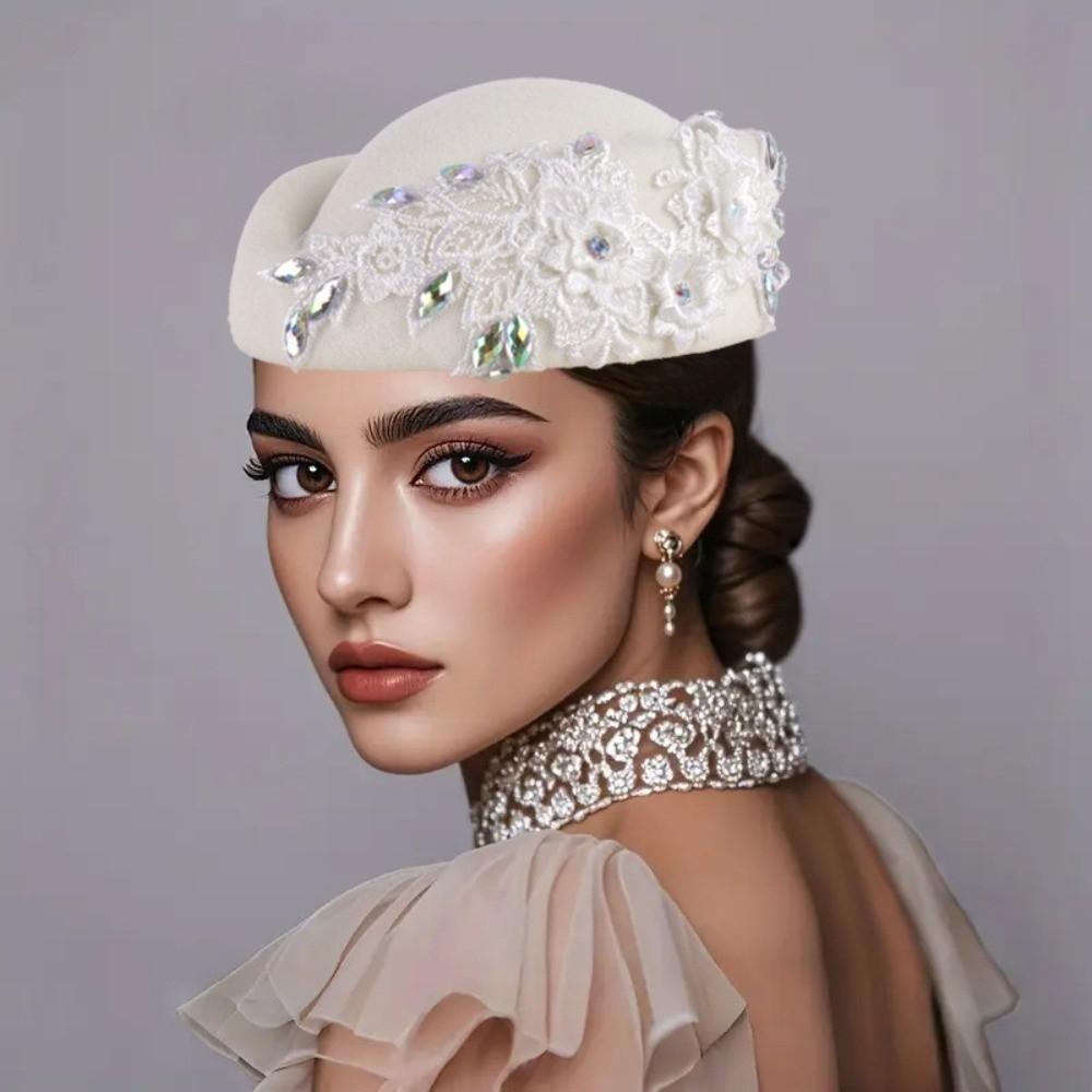 New British Retro Top Hats Diamond Flower Applique Formal Stewardess Hat Concave Top Solid Flight Attendant Hat for Party