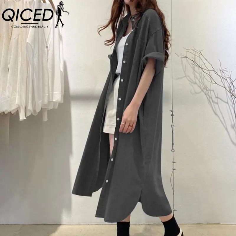 QICED Women's Fashion Summer Spring Solid Color Print Short Sleeve POLO Neck High Waist Casual Dresses