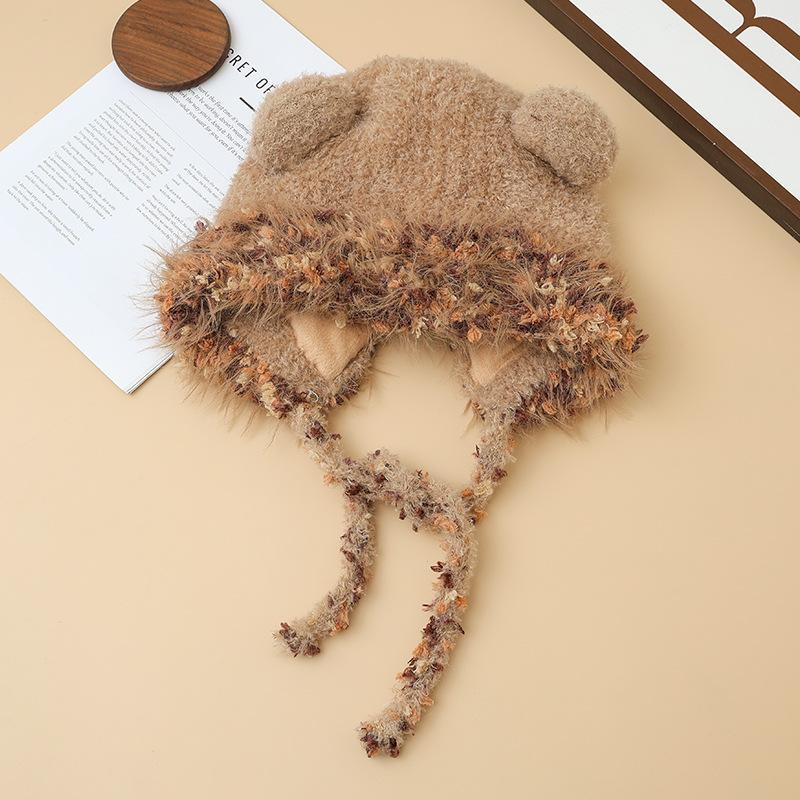 Căciulă Pluș Urechi Urs Drăguț Colorat Boabe de Zahăr Eșarfă de Exterior Set Cald pentru Toamnă și Iarnă Pălărie cu Boruri pentru Cap Mare