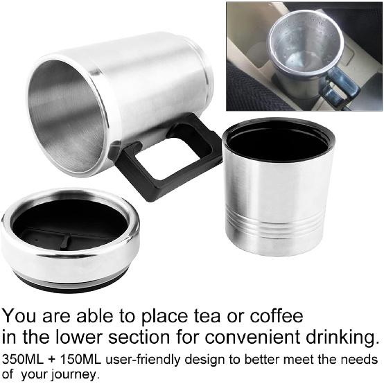 Acouto 12V Car Kettle 350Ml+150ML Stainless Steel Car Electric Heating Kettle Coffee Tea Travel Water Heating Cup