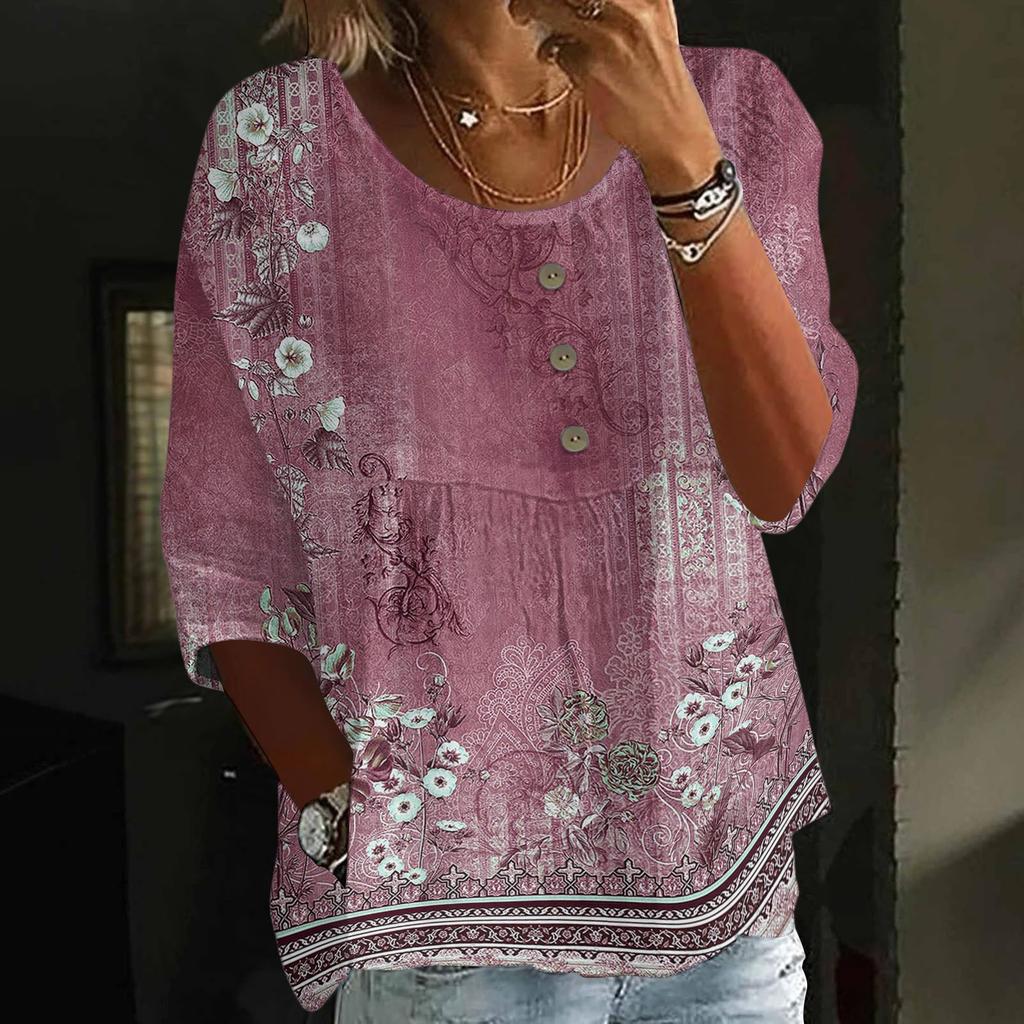Women's Casual Fashion Three-quarter Sleeve Loose Round Neck Button Retro Print Top