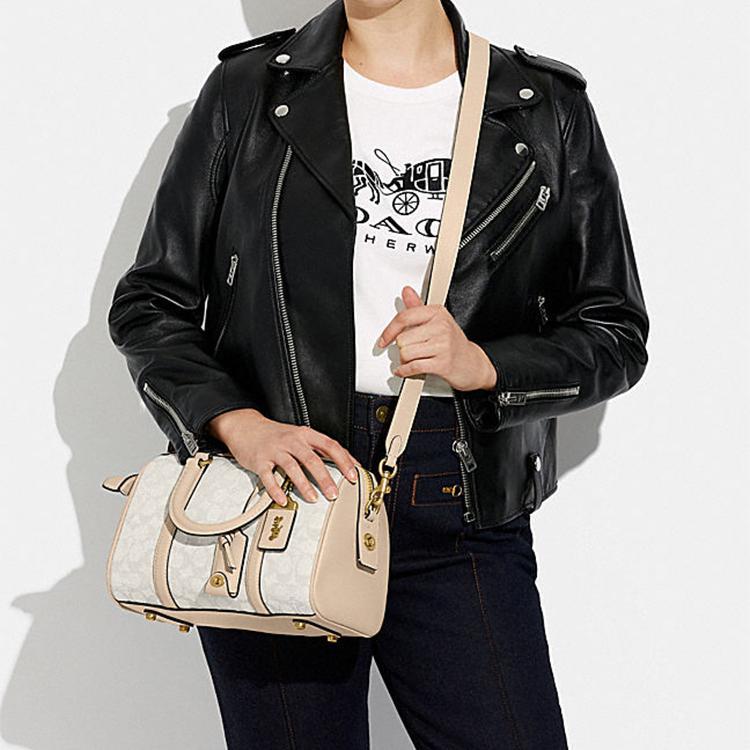 New COACH Jacquard Fabric With Cow Leather Handbag Boston, Shoulder Bag, Crossbody Bag Medium Size Women's Pink CA117-B4UDK